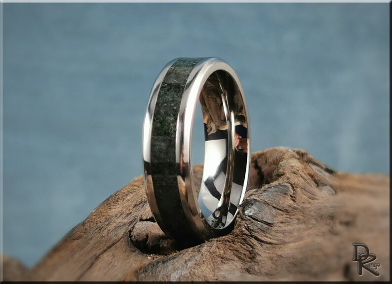 K&ouml;nnte beinhalten: Nahaufnahme eines silbernen Rings mit einer dunkelgr&uuml;nen Steineinlage. Der Ring ist hochglanzpoliert und spiegelt die Umgebung wider. Der Ring liegt auf einem St&uuml;ck Treibholz.