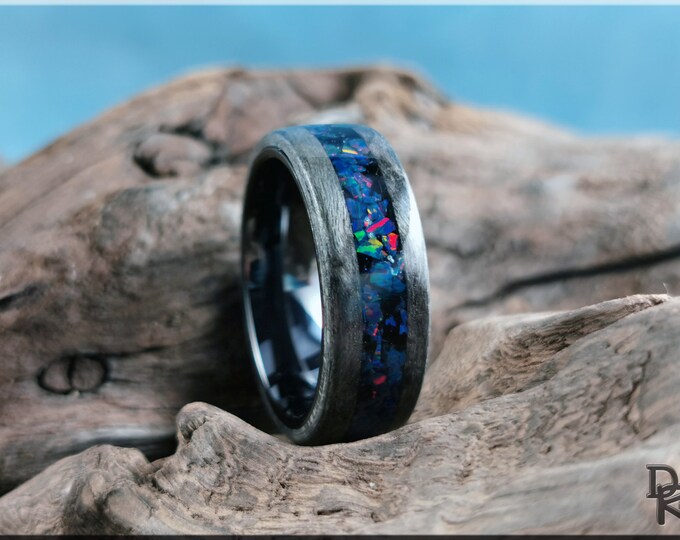Bentwood Ring - Graphite Grey Birdseye Maple w\Twilight Black opal inlay, on polished black ceramic ring core - Wood Ring