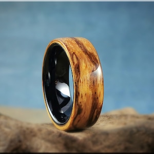 Bentwood Ring - Marbled Zebrano on Polished Black Ceramic inner ring core - wood ring