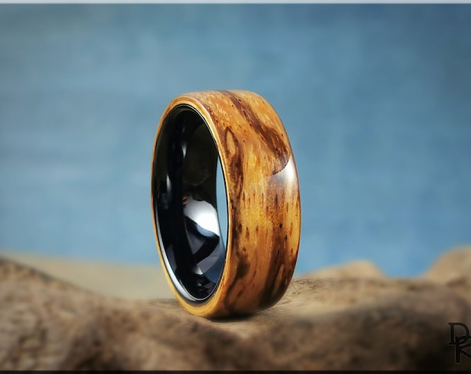 Bentwood Ring - Marbled Zebrano on Polished Black Ceramic inner ring core - wood ring