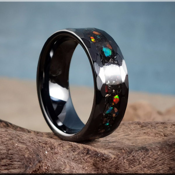 Hammered Black Ceramic 8mm Channel Ring w/Meteorite, Dino bone, Opal, and blue glow inlay - ceramic ring