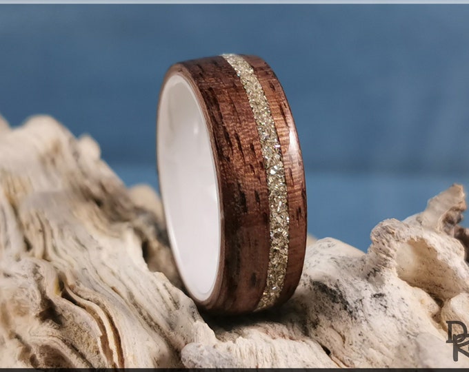 Bentwood Ring - Curly Black Walnut w/Offset Silver Glass inlay, on Polished White Ceramic ring core - wood ring
