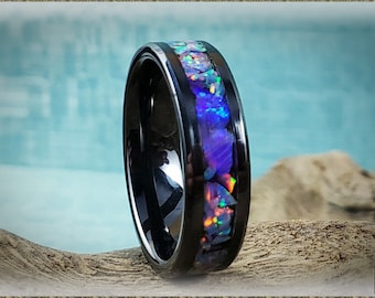 Black Ceramic 6mm Channel Ring w/Multi Lavender and Orchid Opal chunk inlay - ceramic ring