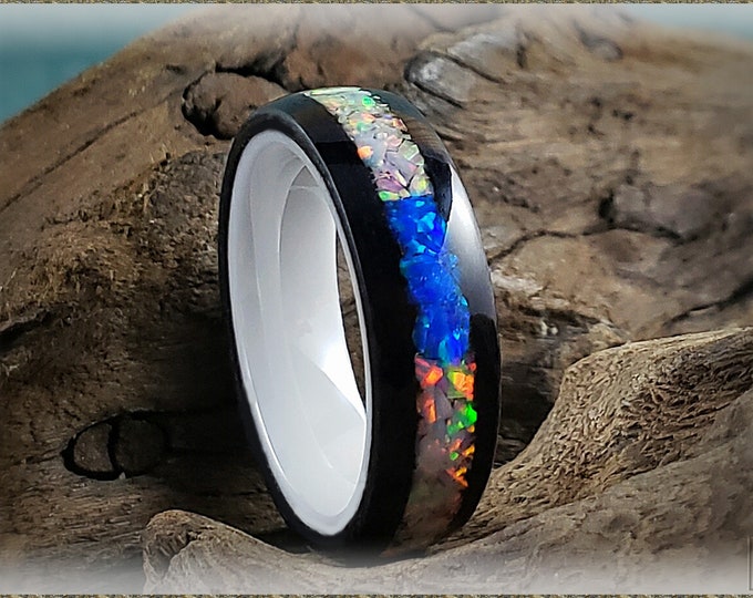 Bentwood Ring - Jet Black Tulipwood w/Sun and Ice and Pacific Blue chunk opal inlay, on polished white ceramic ring core - wood ring