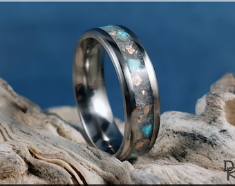 Titanium Channel Glow Ring w/Selenite, Copper, and Turquoise inlay - metal ring