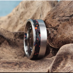 Titanium Offset 8mm Channel Ring w/Black Tourmaline and Opal inlay - metal ring