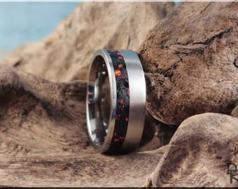 Titanium Offset 8mm Channel Ring w/Black Tourmaline and Opal inlay - metal ring