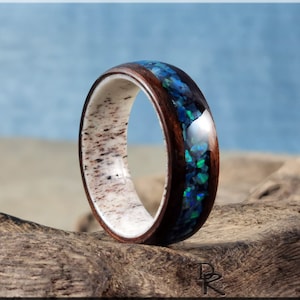 Bentwood Ring - Smoked Etimoe w/Shattuckite and Opal inlay on deer antler ring core - wood ring