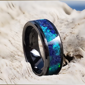 Black Ceramic 8mm Channel Ring w/Lapis Lazuli and Opal Glow inlay - ceramic ring