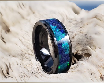 Black Ceramic 8mm Channel Ring w/Lapis Lazuli and Opal Glow inlay - ceramic ring