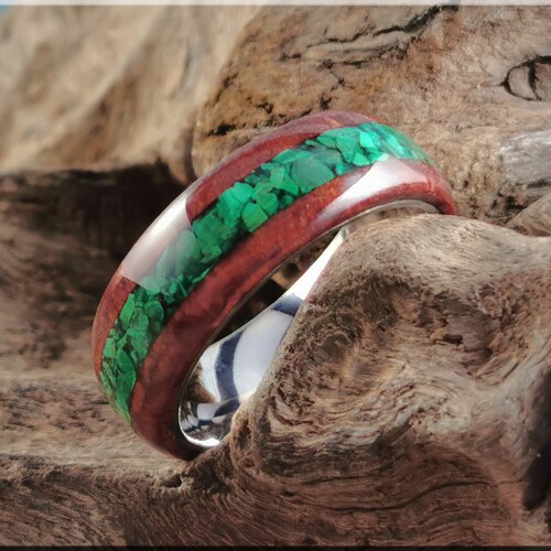 Bentwood Ring - Redwood Burl w/Green Malachite shops inlay on titanium ring core - wood ring