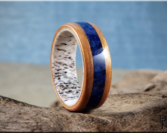 Bentwood Ring - Curly Cherry w/Azurite inlay on genuine deer antler ring core - wood ring