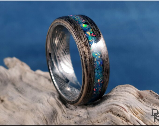 Bentwood Ring - Harborica w/Multi Teal Opal inlay, on Damascus Steel ring core - wood ring