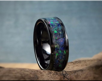 Polished Black Ceramic Channel Ring w/Ethiopian Welo Opal inlay - ceramic ring