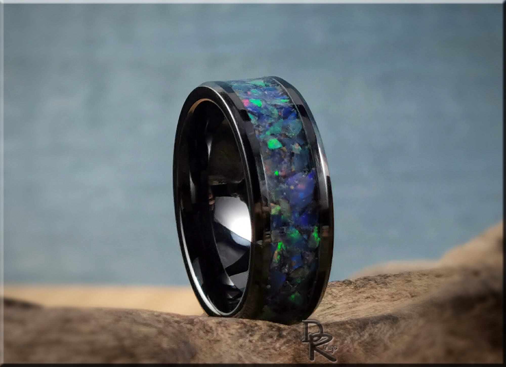 Polished Black Ceramic Channel Ring W/ethiopian Welo Opal Inlay Ceramic Ring  - Etsy