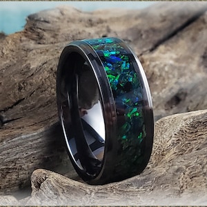 Black Ceramic Channel Ring w/Black Emerald Opal inlay - ceramic ring