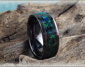 Black Ceramic Channel Ring w/Black Emerald Opal inlay - ceramic ring