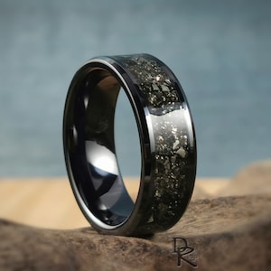 Polished Black Ceramic Channel Ring w/Cocada Pyrite inlay - ceramic ring