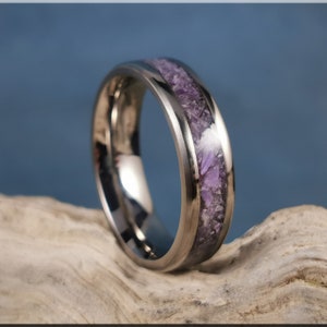 Titanium Channel Ring w/Charoite stone inlay - metal ring