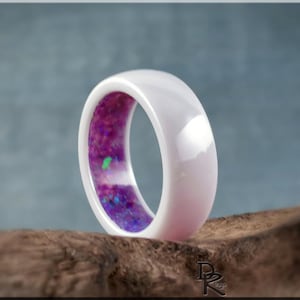 Polished White Ceramic Inner Channel Ring w/Opal inlay - ceramic ring