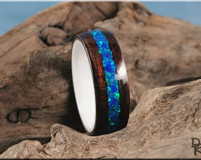Bentwood Ring - Smoked Etimoe w/Royal Blue opal inlay, on polished White Ceramic ring core - Wood Ring