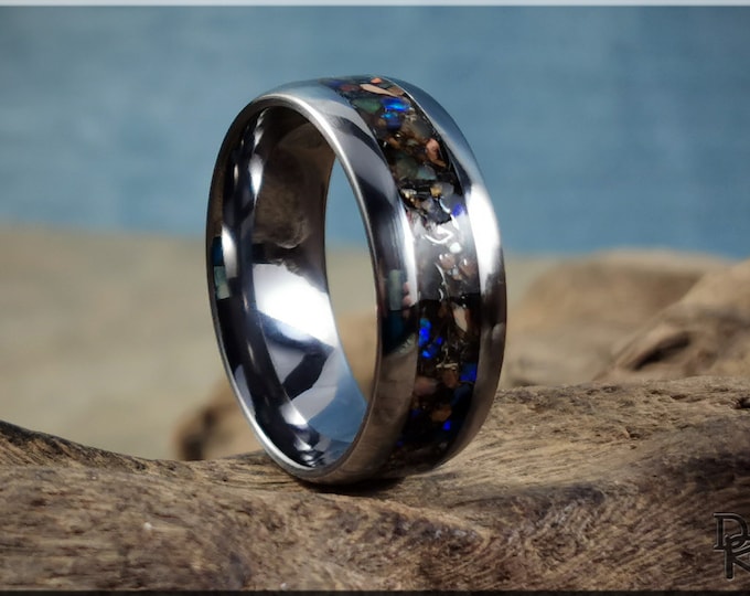 Premium Tantalum Channel Ring w/Meteorite, Dinosaur Bone, and Multi-Opal inlay - metal ring