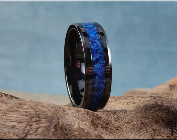 Polished Black Ceramic Channel Ring w/Lapis Lazuli stone inlay - ceramic ring