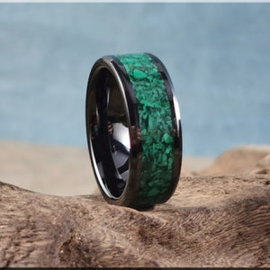 Polished Black Ceramic Channel Ring w/Green Malachite stone inlay - ceramic ring