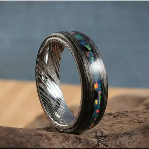 Bentwood Ring - Harborica w/Multi Teal Opal inlay, on Damascus Steel ring core - wood ring