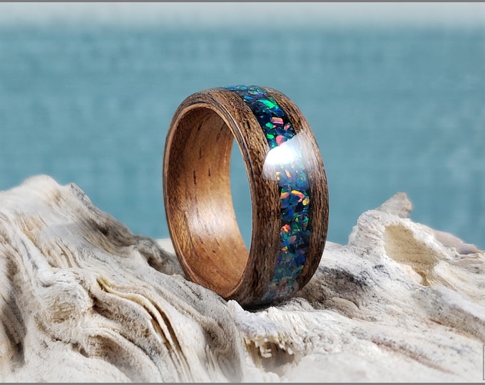 Dual Bentwood Ring - Louro Preto w/Space Blue Opal inlay, on bentwood Curly Etimoe ring core - wood ring