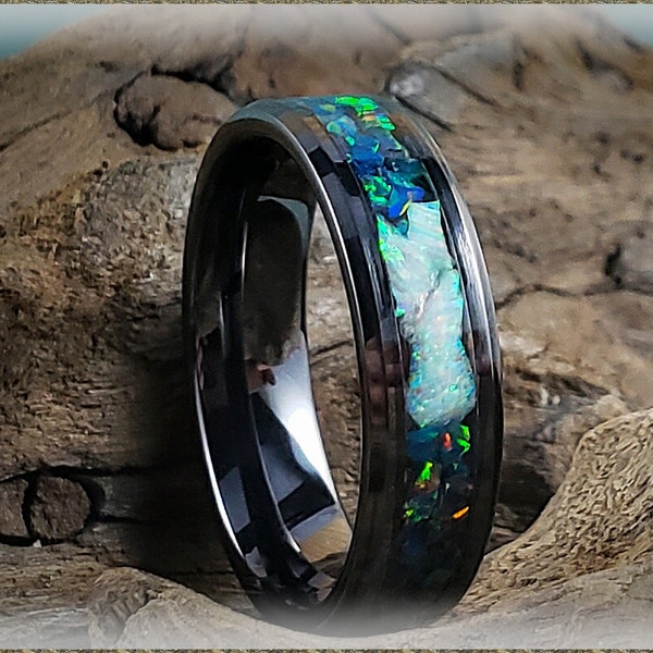 6mm Black Ceramic Channel Ring w/Black Emerald and Fire and Snow Opal chunk inlay - ceramic ring