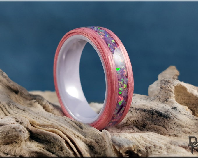 Bentwood Ring - Strawberry Koto w/Multi Lavender opal inlay, on polished Lavender ceramic ring core - wood ring