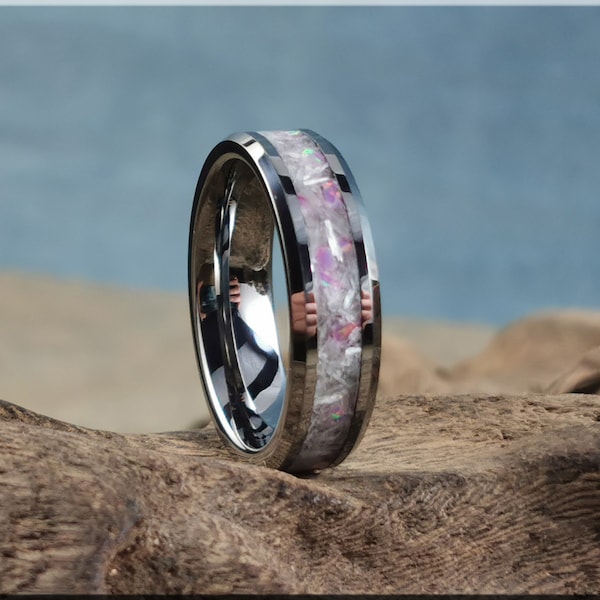 Tungsten Carbide Channel Ring w/Selenite and Opal Glow inlay - metal ring