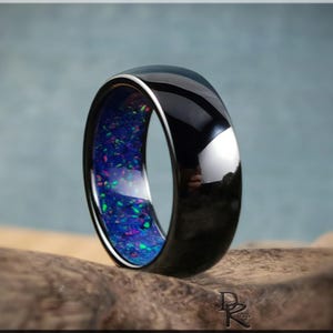 Polierte schwarze Keramik Innenkanal Ring mit Opal Inlay - Keramikring