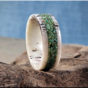 Deer Antler Channel Ring w/Green Turquoise inlay - antler ring