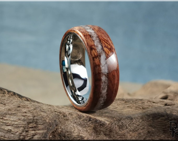 Bentwood Ring - Figured Sapele w/Moonstone inlay, on premium Cobalt Chromium ring core - wood ring