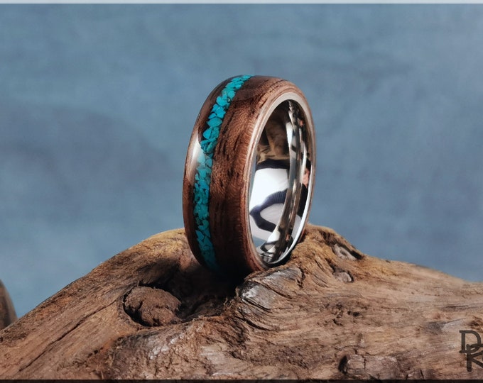 Bentwood Ring - Curly Black Walnut w/Chilean Turquoise stone inlay, on premium Cobalt Chromium ring core - wood ring