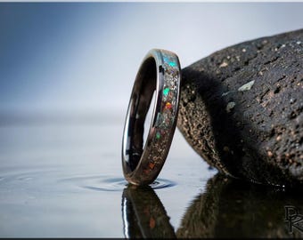 Black Ceramic Ring: Seymchan Meteorite, Opal, and orange glow inlay