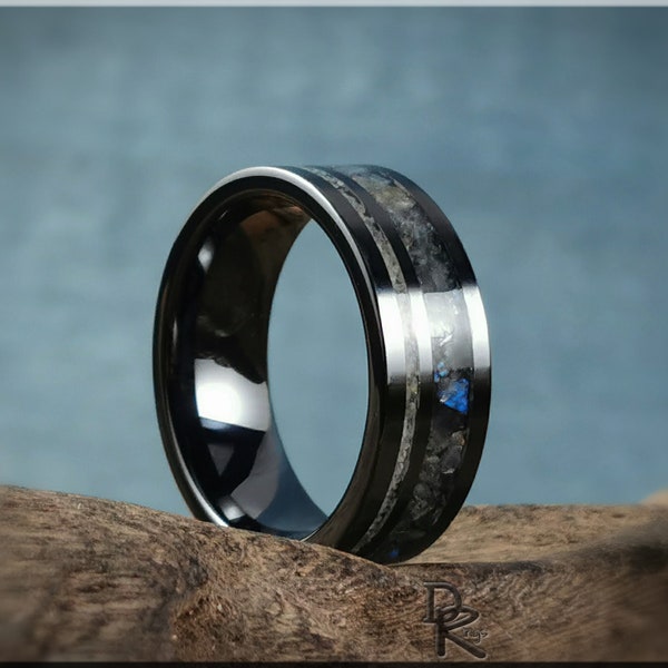 Bague chaîne en céramique noire brossée avec incrustations de diamants et de labradorite - Bague en céramique