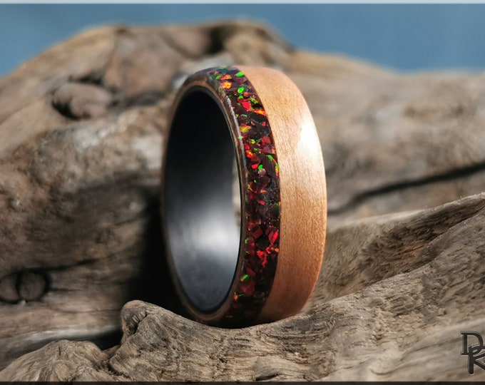 Bentwood Ring - Black Cherry w\Live Edge Multi Cherry Opal inlay, on Carbon Fiber ring core - Wood Ring