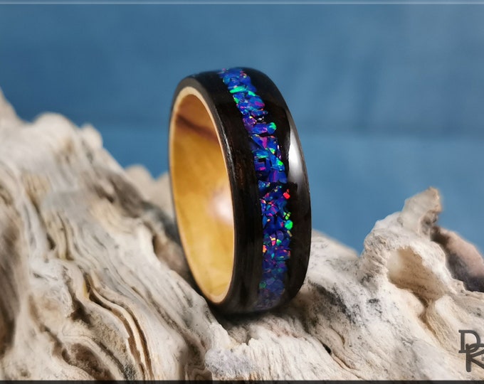 Bentwood Ring - Smoked Eucalyptus w/Starry Night Opal inlay, on Olivewood ring core - wood ring
