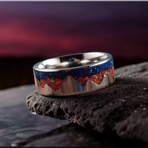 Titanium Ring with Multi-opal inlay,  'Sunset Mountain'