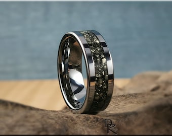 Flat Edge Tungsten Carbide Channel Ring w/Cocada Pyrite inlay - metal ring