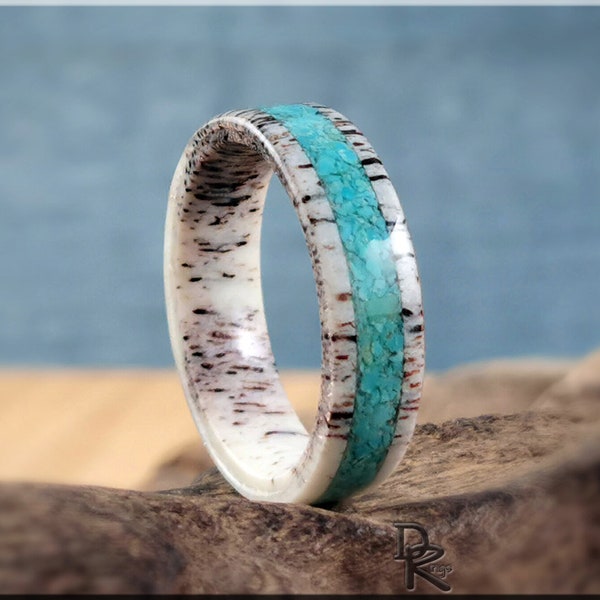 Bague en forme de chaîne en bois de cerf avec incrustation turquoise Kingman - bague en bois de cerf