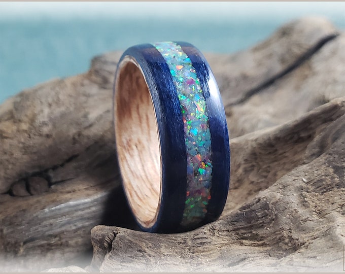 Dual Bentwood Ring - Midnight Blue Tulipwood w/House Blend Opal inlay, on bentwood Okoume ring core