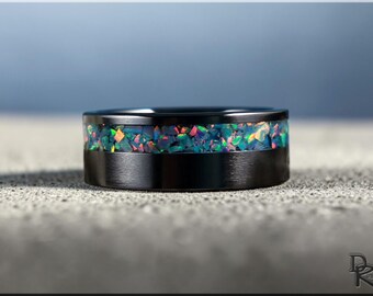 Black Ceramic Ring with Opal Inlay, Artisan Crafted, 8mm