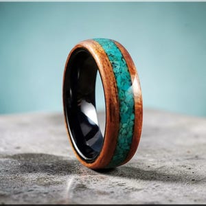 Bentwood Ring: Spanish Cedar, Peruvian Chrysocolla Inlay, black ceramic core