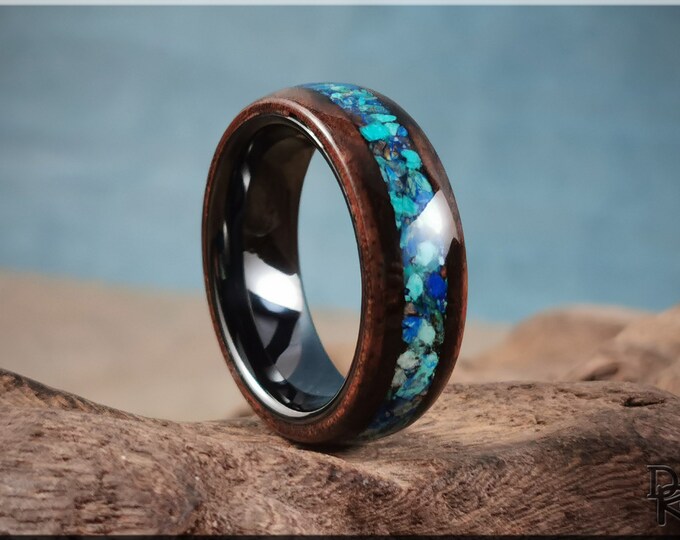 Bentwood Ring - Quilted Walnut Burl w/Azurite stone inlay, on polished black ceramic ring core - wood ring