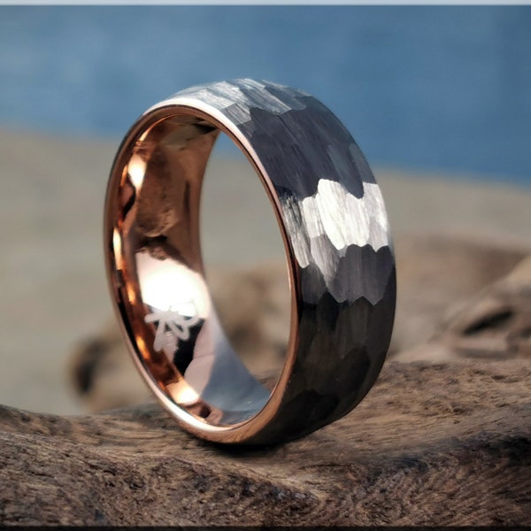 Hammered 8mm Tungsten Carbide Ring w/Rose Gold tungsten carbide inner core - metal ring