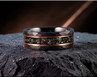 Hammered Black Tungsten Carbide Ring with Meteorite and Rose Gold inlays
